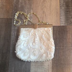 Chic Cream Beaded Clutch with Gold Chain
